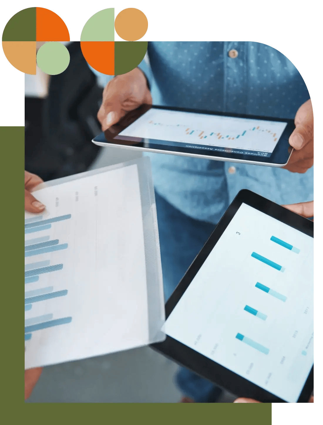 Hands holding tablets and charts with bar and line graphs, symbolising analysis and comparison of system options. Represents Air Theory’s Concept stage where mechanical strategies are explored — VRF/VRV, VAV, central plant, A/C, and heat pumps — with costs and trade-offs clarified.