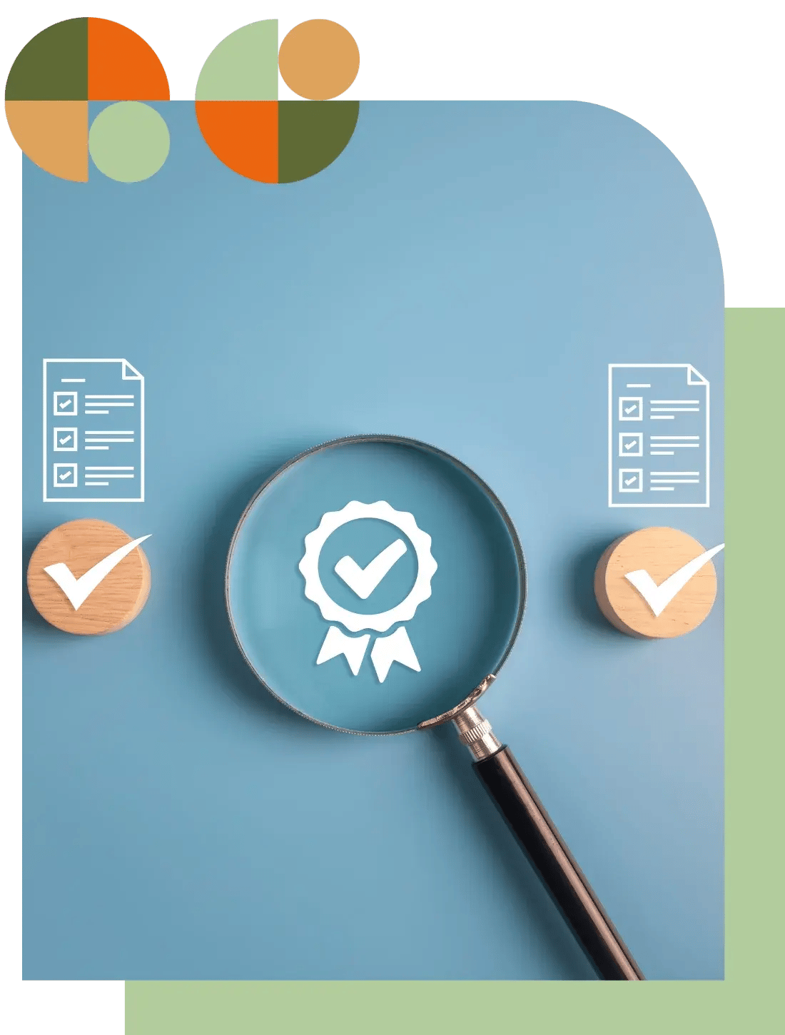 Magnifying glass over a check mark symbol with documents and ticks, representing compliance and quality assurance. Reflects Air Theory’s Completion & Aftercare stage, where digital handover, certification, seasonal tuning, fire damper rectification, and upgrades are delivered.