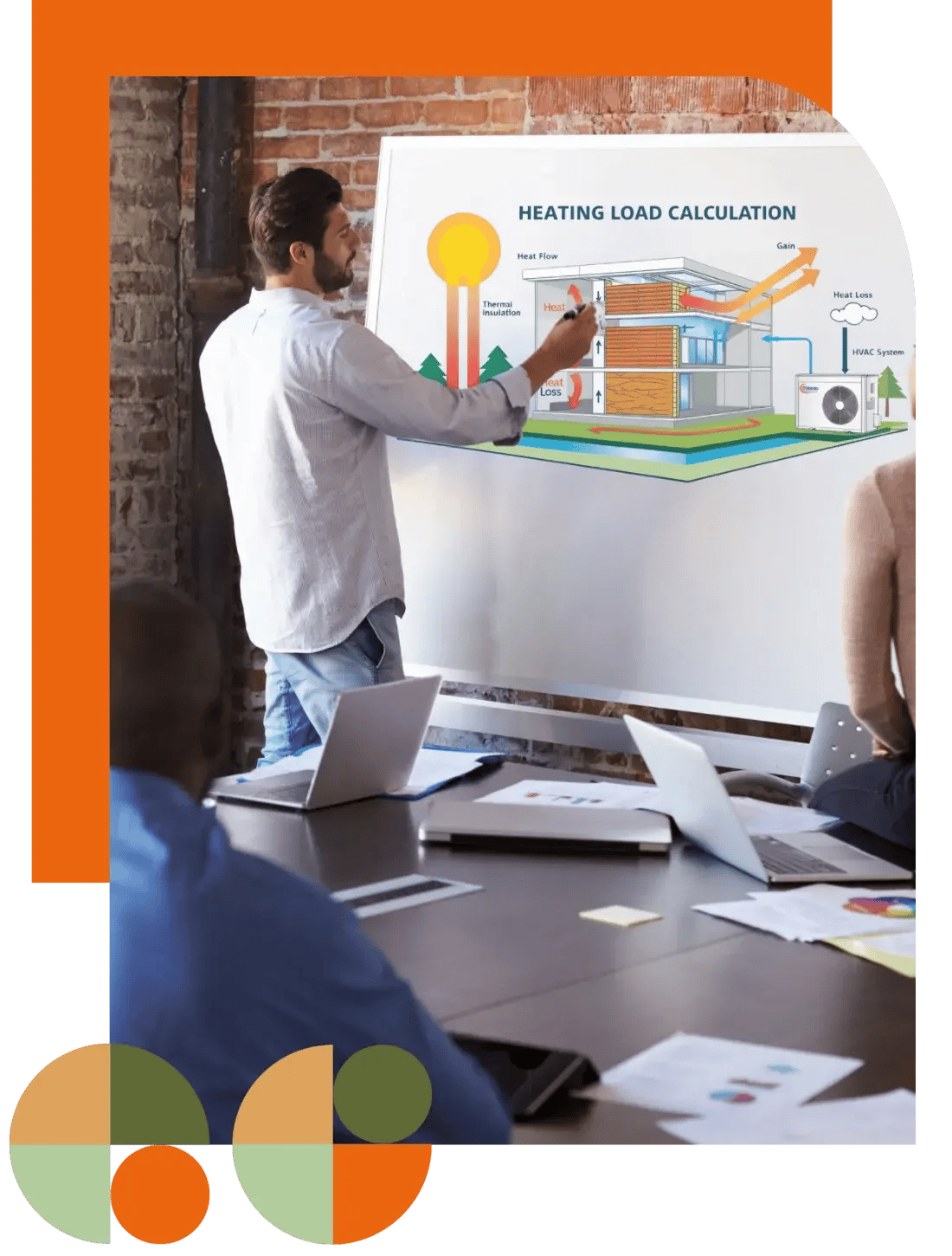 Air Theory consultant presenting heating load calculations on a whiteboard during a project meeting. Represents the Connect stage where intent, risks and approvals are clarified with rapid discovery, CAMEL load calculations, BCA alternative solutions, and Section J strategy.