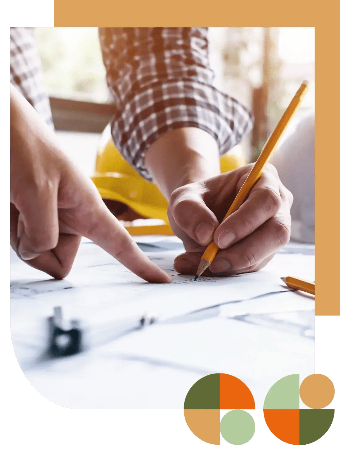 Close-up of hands reviewing building plans with pencil and scale ruler, symbolising design options and decision-making. Represents Air Theory’s Concept stage where system strategies are compared, from VRF/VRV and VAV to central plant, A/C, heat pumps and recovery systems.